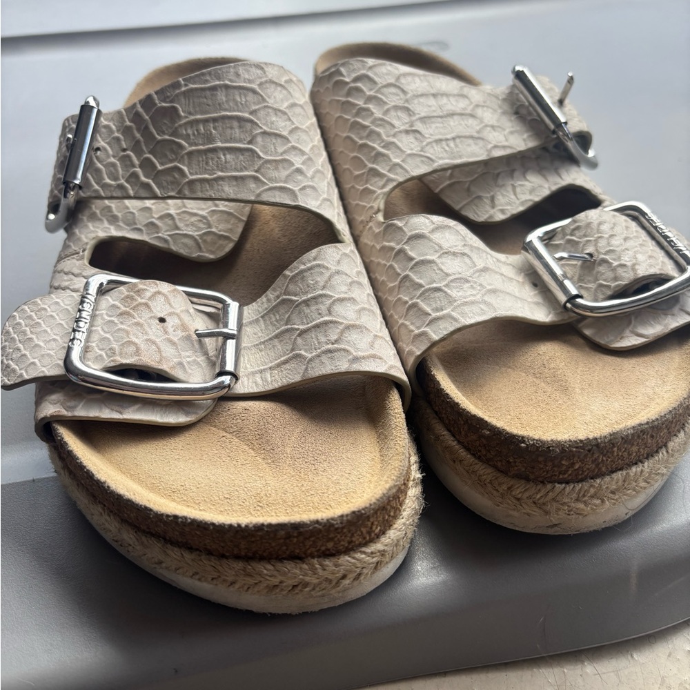Beige Textured Sandals with Buckles